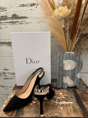 Dior Black Pointed Toe Crystal Embellished Slingback Heels - Box Included